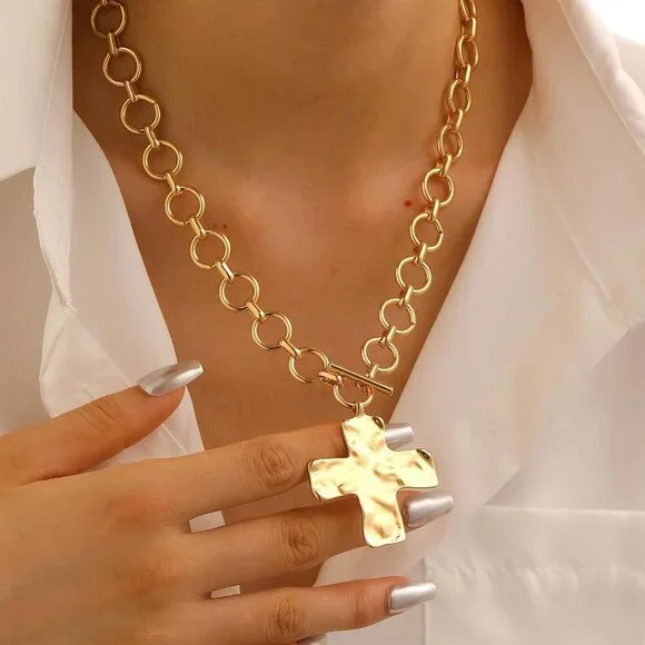Women Gold 04 Pearl Cross Necklace - Chunky Gothic Punk Vintage Cross Jewelry - Picture 4 of 9